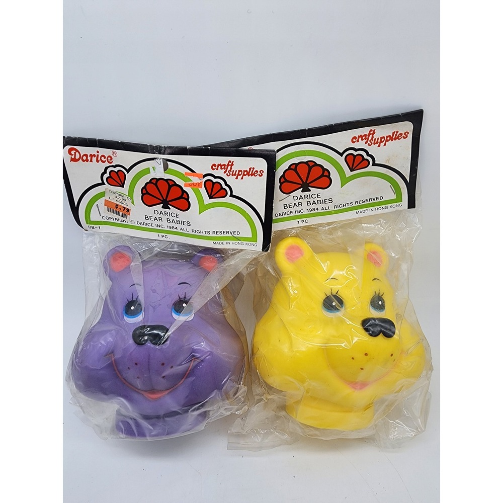Vintage 1984 Darice Bear Babies Craft Supplies Purple Yellow Bear Heads Lot of 2